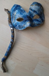 Mask: monoprint wil gold leaf on japanese paper, driftwood and pewter